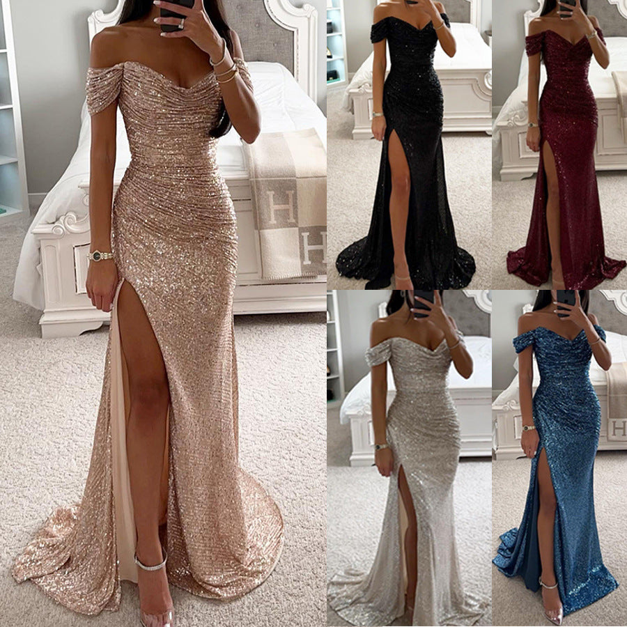 Heidi-Mode | Abendkleid Damen Schulterfreies Glitzer Maxikleid mit Schlitz für Hochzeit & Fest