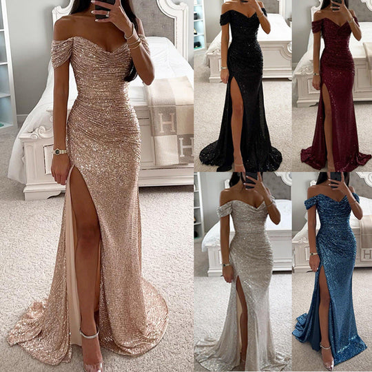 Heidi-Mode | Abendkleid Damen Schulterfreies Glitzer Maxikleid mit Schlitz für Hochzeit & Fest