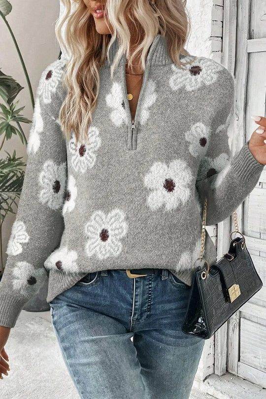 Heidi-Mode | Blumen Halb-Zip Winterpullover