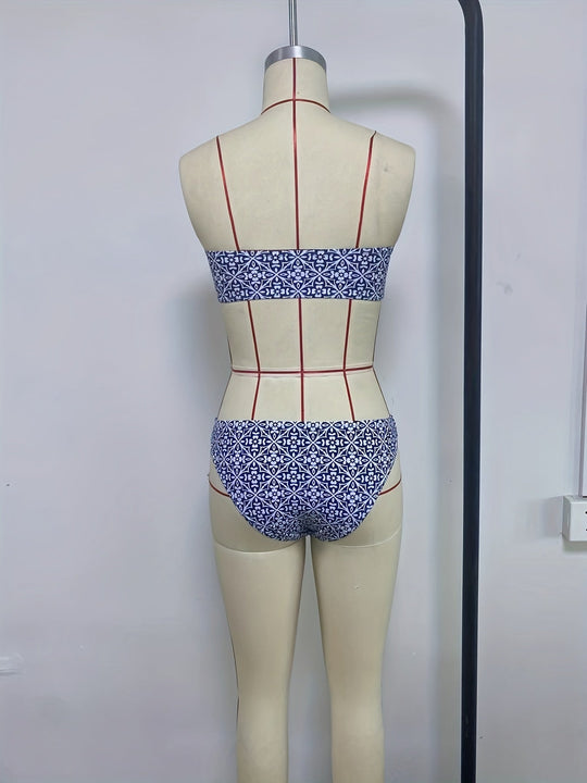 Heidi-Mode | Blauer Bandeau-Bikini Extrem Drückende Blumen, Hohe Taille