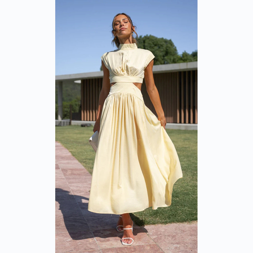 Heidi-Mode | Sommerliche Midikleid mit Hohem Kragen In Soliden Farben
