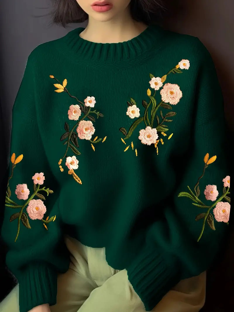 Heidi-Mode | Crew Pullover mit Blumenstickerei und Strickmuster