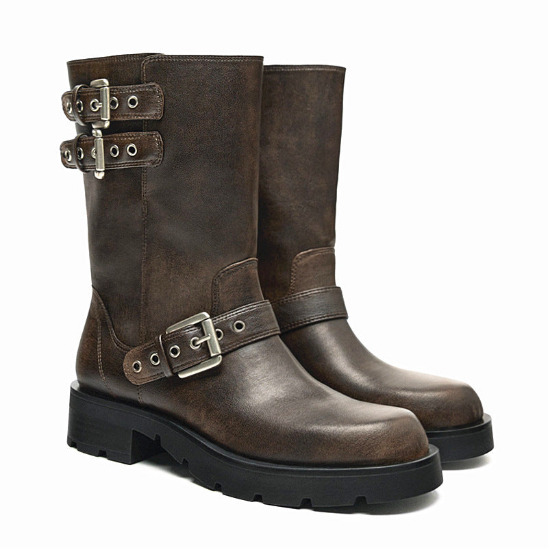 Heidi-Mode | Dicke Sohle Chunky Heel Martin Stiefel Schnalle Motorradstiefel