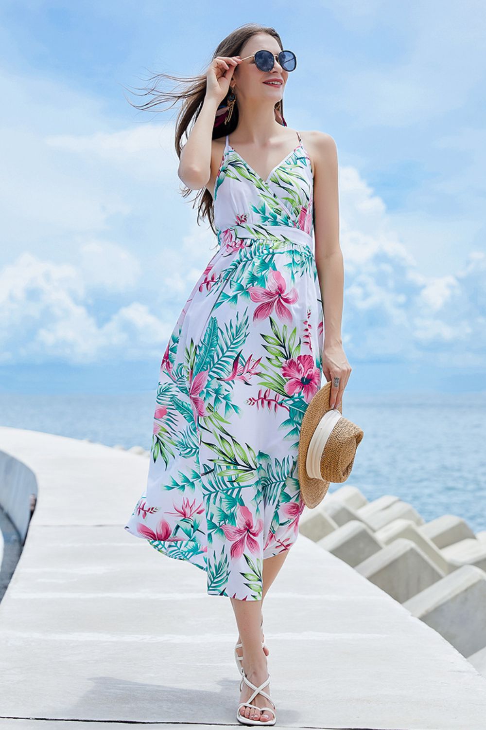 Heidi-Mode | Gedrucktes V-Ausschnitt Spaghetti-Träger Schlitz Midi-Kleid