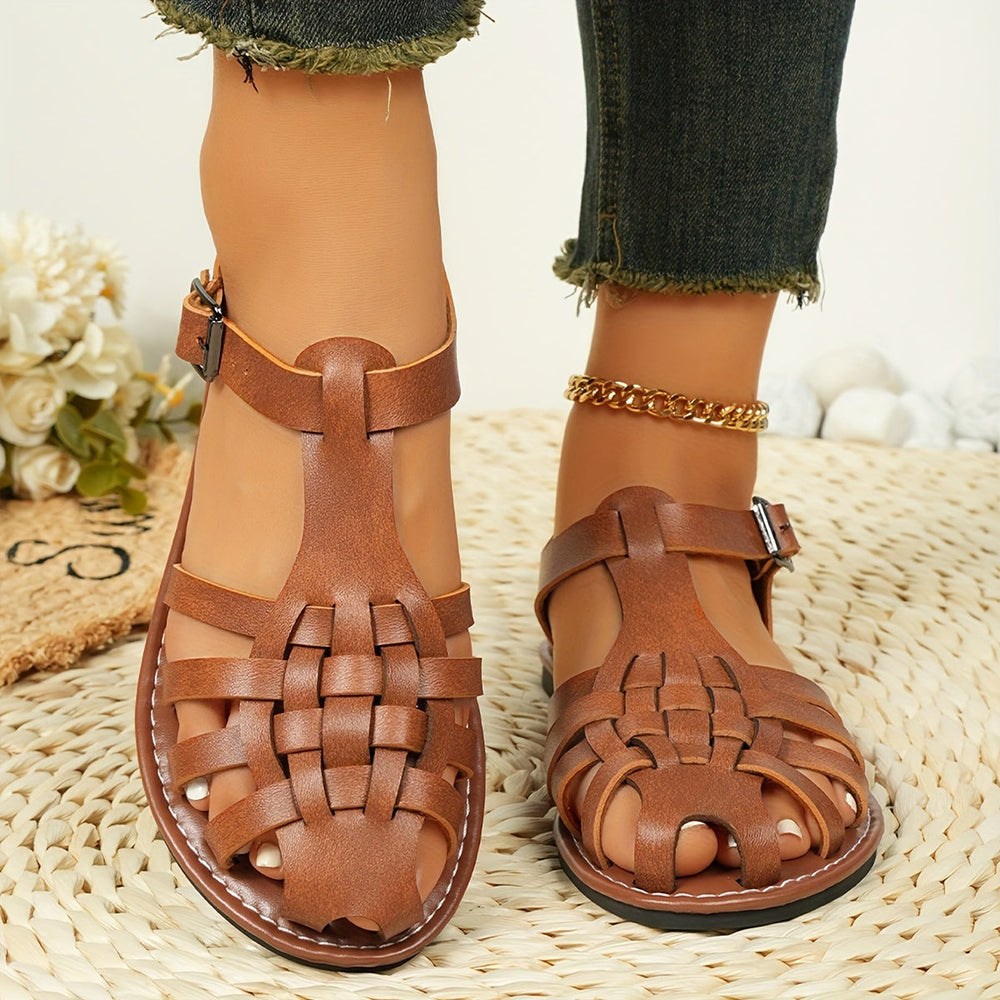 Heidi-Mode | Gewebte Flache Sandalen für Damen Vintage Stil, Geschlossener Zeh, Schnallenverschluss