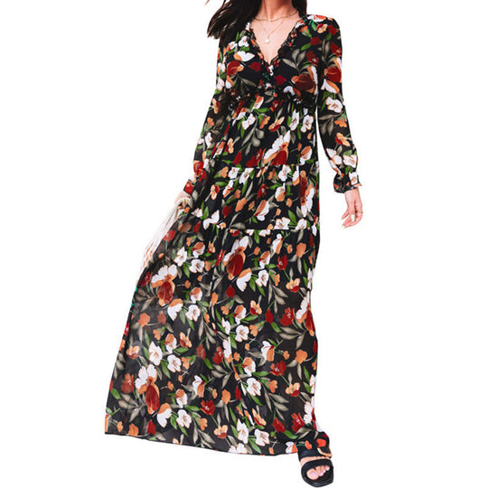 Heidi-Mode | Druck Kleid mit Langen Ärmeln und V-Ausschnitt