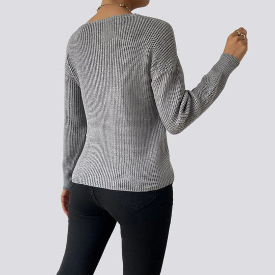 Stilvoller Damen-Strickpullover mit gekreuzter Vorderseite, V-Ausschnitt und langen Ärmeln