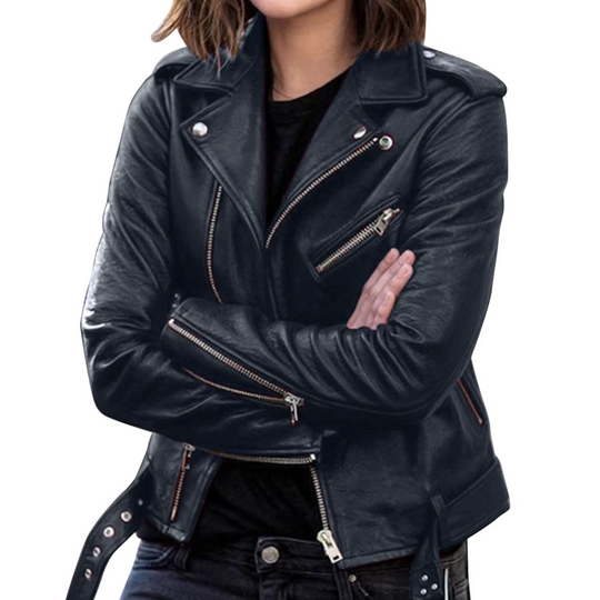 Heidi-Mode | Lederjacke Damen Biker Modell mit Gürtel und Reißverschlussdetails