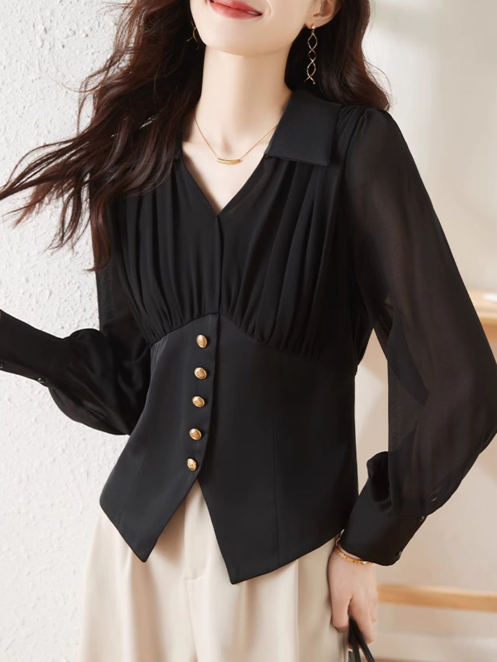 Heidi-Mode | Chiffon Falten Taille Shirt Schwarz