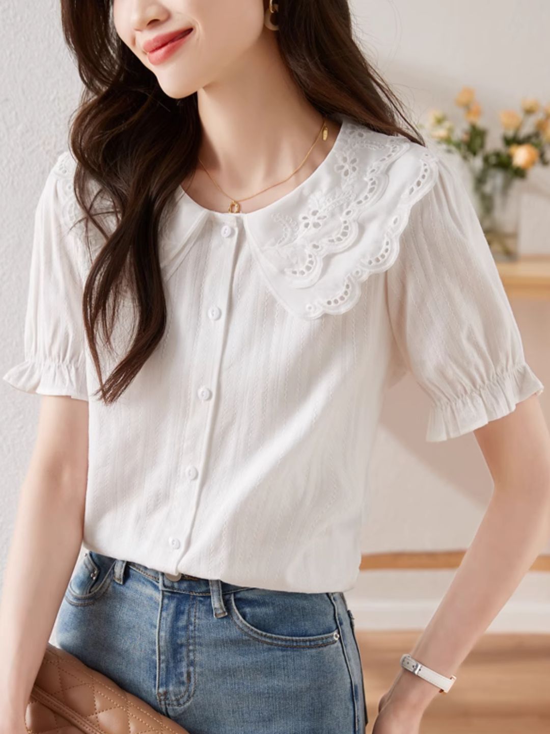 Heidi-Mode | Französische Spitze Doppelkragen Puffärmel Bluse