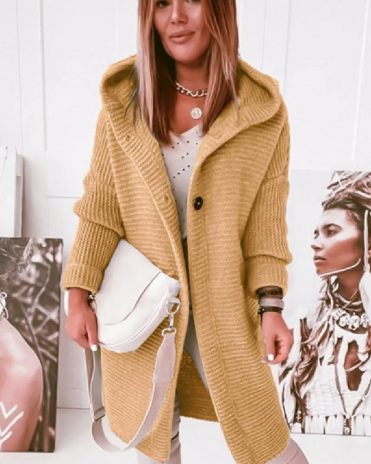 Heidi-Mode | Lange Damen-Weste, Strickjacke mit Kapuze und Knöpfen