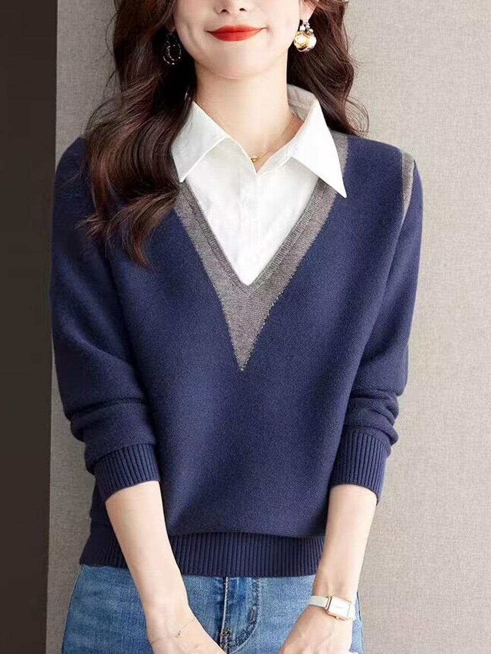 Heidi-Mode | Sweater Damen V-Ausschnitt Strickpullover