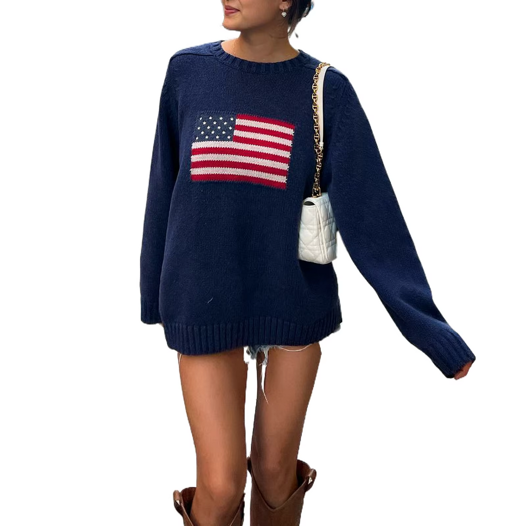 Heidi-Mode - Streetwear Herbst Strickpullover mit amerikanischer Flagge für Frauen