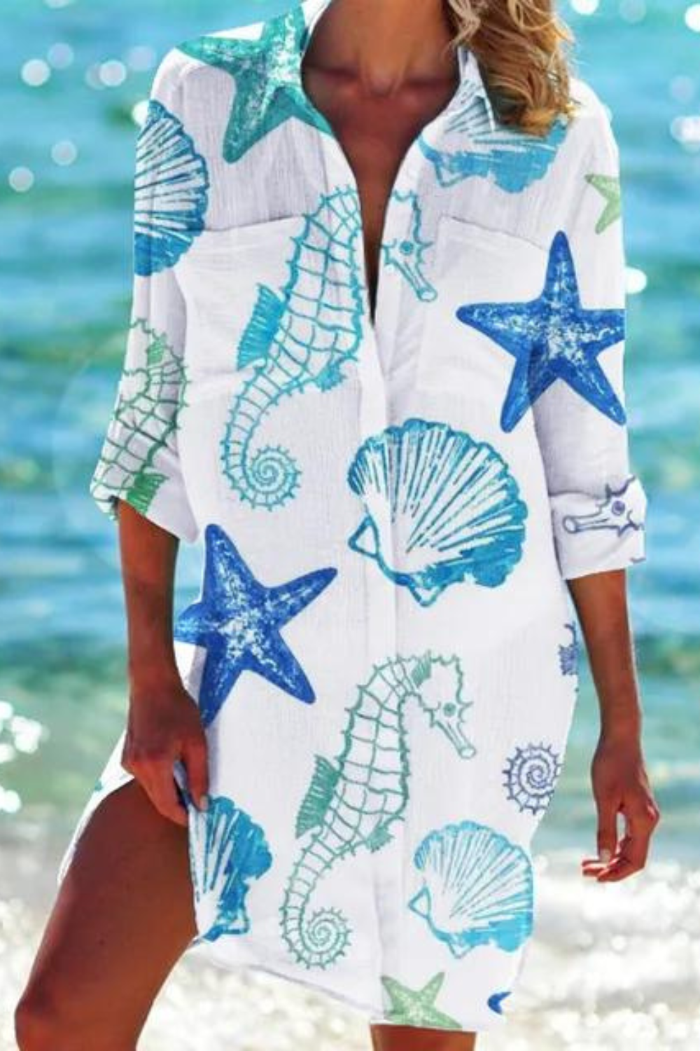 Heidi-Mode - Lange Strandbluse mit Meeresmotiv