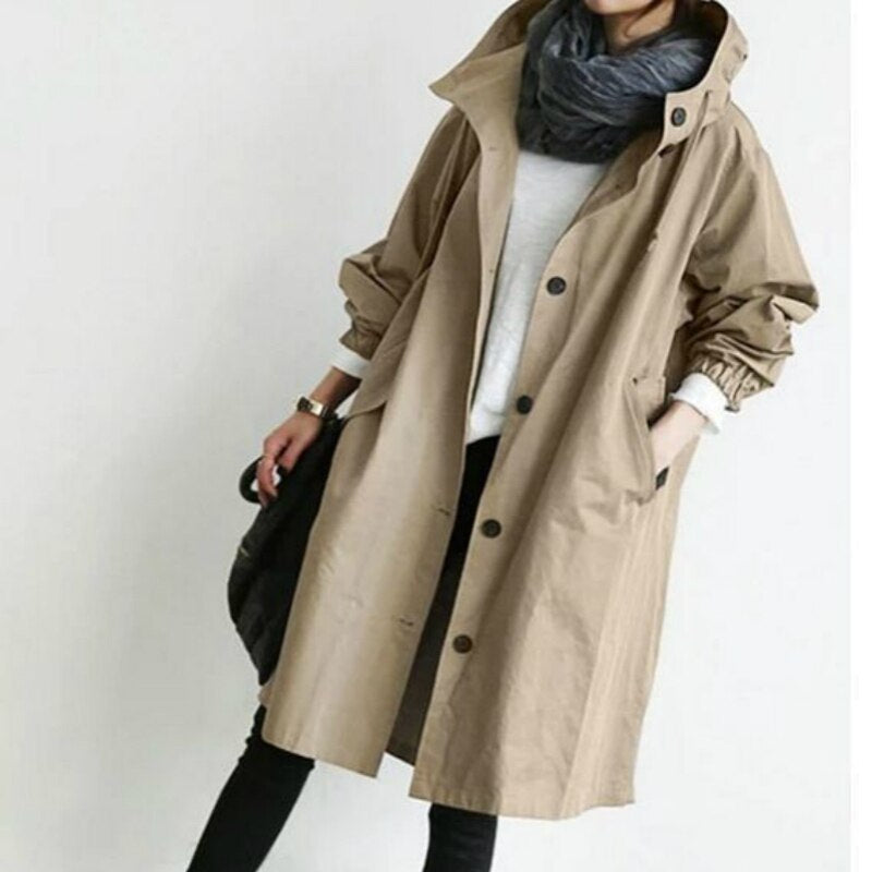 Langer Trenchcoat mit Kapuze und hohem Kragen für Damen (Plus Size)