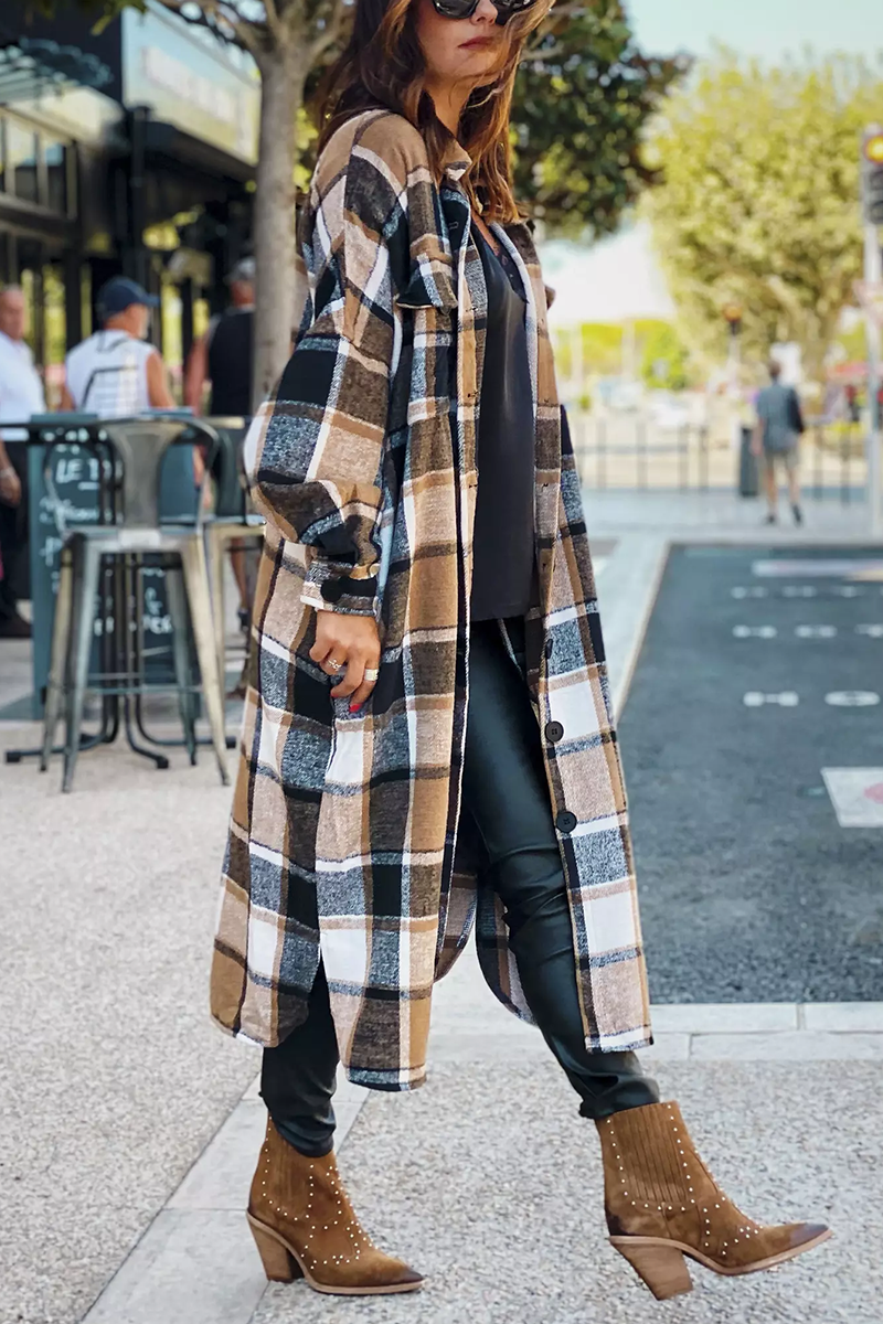 Heidi-Mode | Klappkragen Karoprint Wolle Lange Jacke