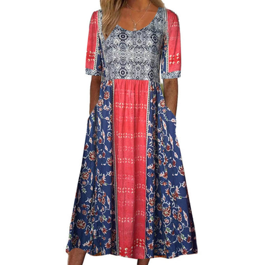 Heidi Mode | Rundhalsausschnitt Kurzarm Bohemian Print Kleid Frauen