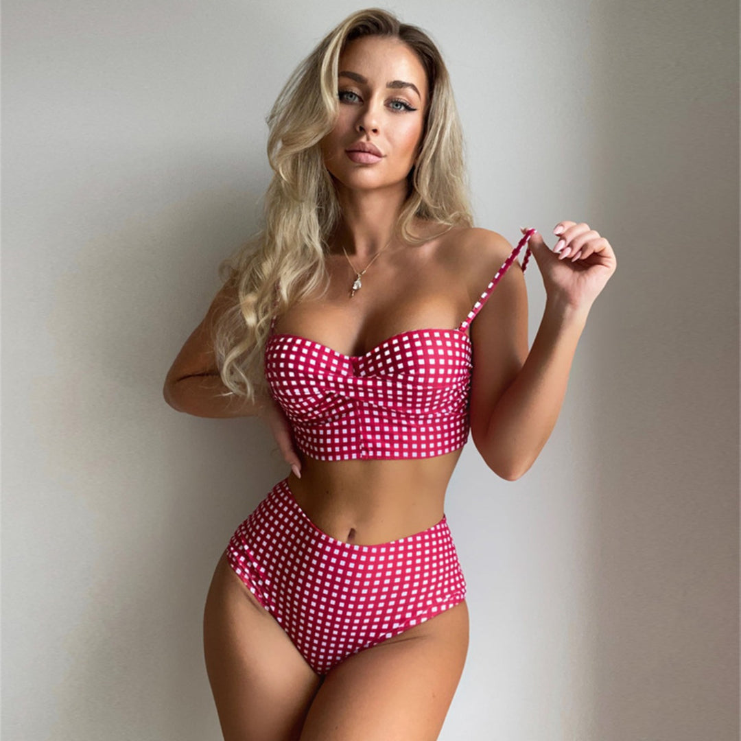 Heidi Mode | Sexy karierter geteilter Bikini mit hoher Taille