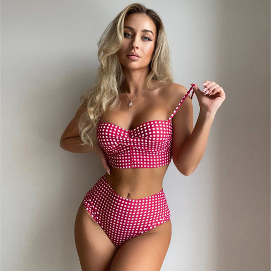 Heidi Mode | Sexy karierter geteilter Bikini mit hoher Taille