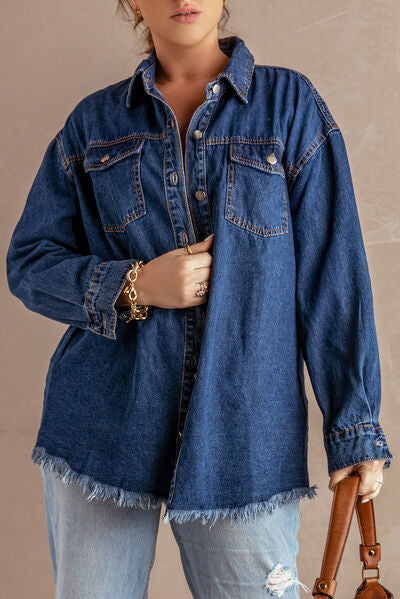 Heidi-Mode | Knöpfen Up Pocketed Raw Hem Denim Jacke