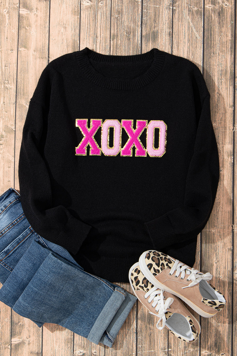 Xoxo Glitter Print Rundhalsausschnitt Casual Pullover