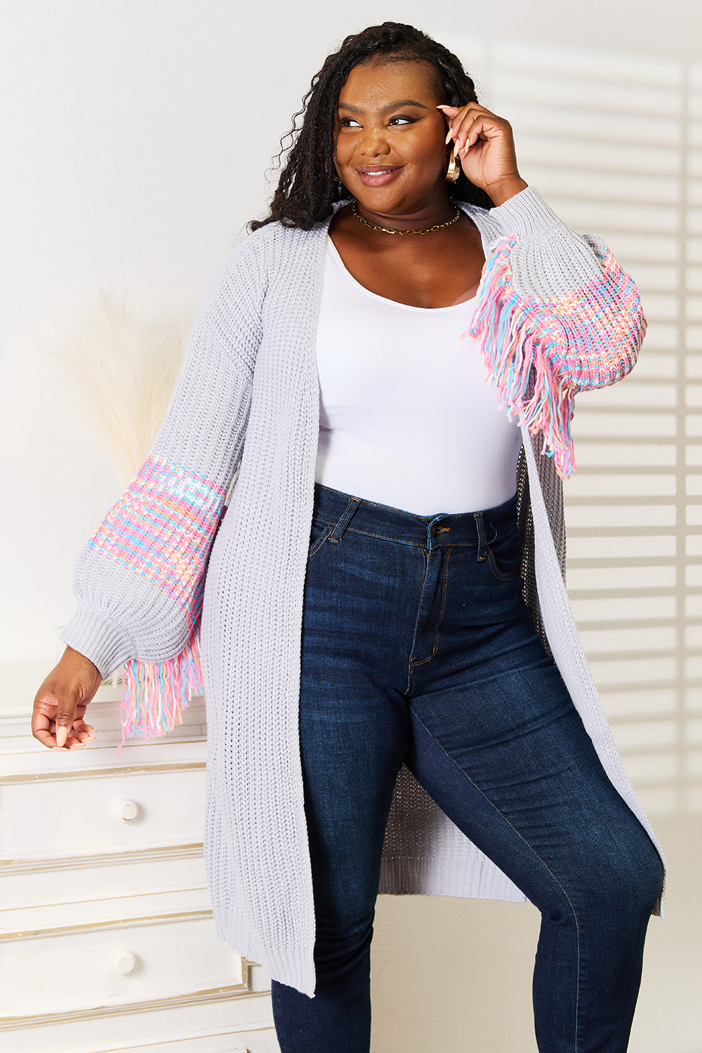 Heidi-Mode | Gewebte Rechte Fransen Ärmel Fallende Schulter Strickpullover