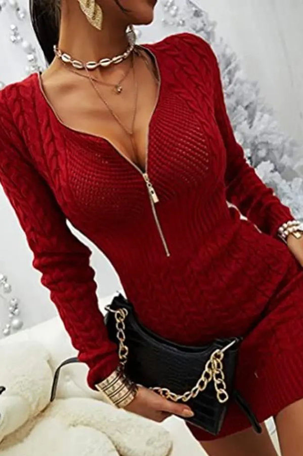Heidi-Mode | Alle Herbst Sachen Kabel Reißverschluss Hals Strick Pullover Kleid