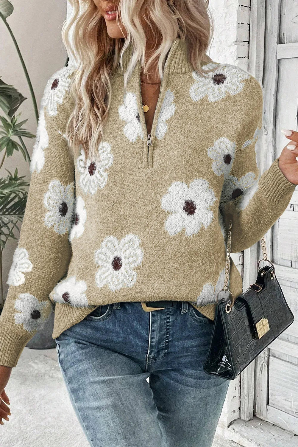 Heidi-Mode | Blumen Halb-Zip Winterpullover