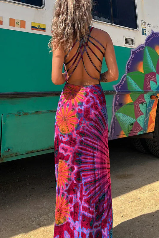 Heidi-Mode | Bamba Maxi Kleid Stretch Mit Rückenschnürung Mit Batikdruck