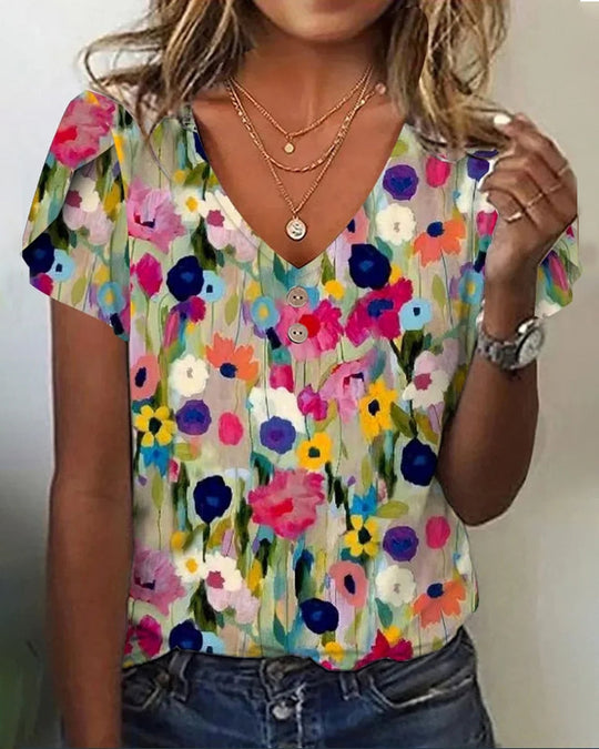 Heidi-Mode | Kurzärmlige Farbenfrohe Blumenbluse mit V-Ausschnitt