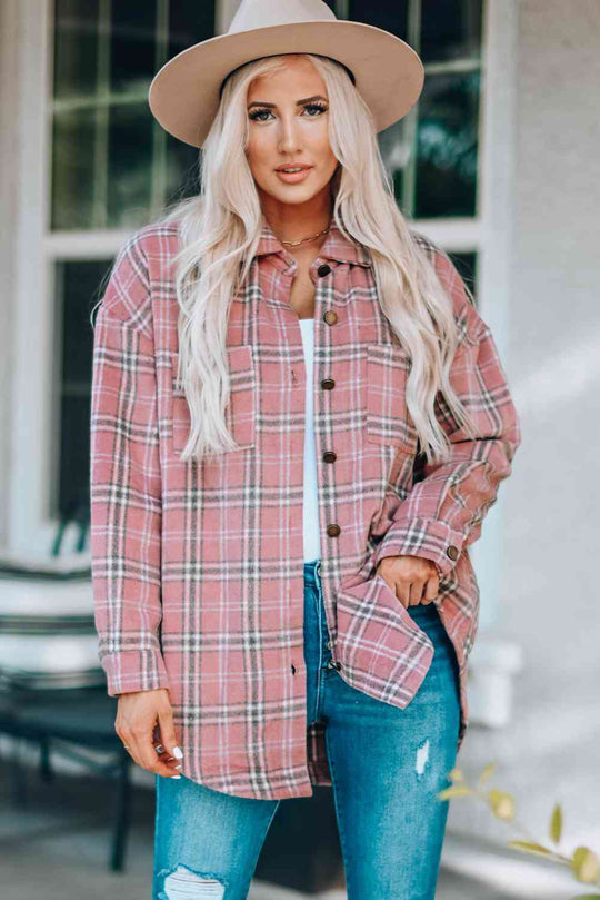 Heidi-Mode | Karo Kurviger Saum Fallende Schulter Langarmhemd Jacke