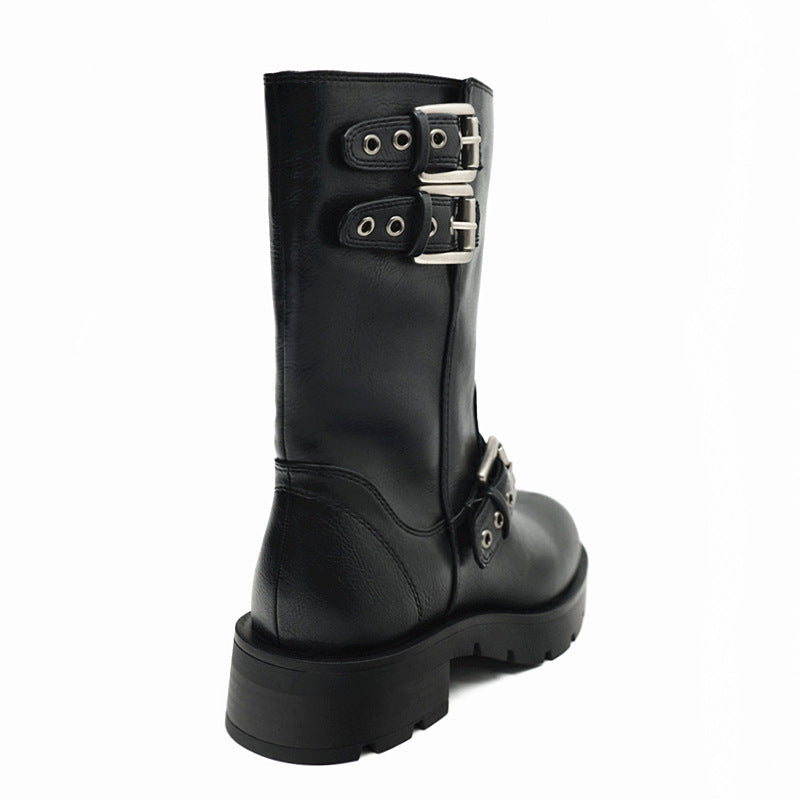 Heidi-Mode | Dicke Sohle Chunky Heel Martin Stiefel Schnalle Motorradstiefel