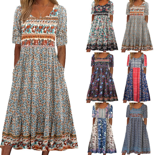 Heidi Mode | Rundhalsausschnitt Kurzarm Bohemian Print Kleid Frauen
