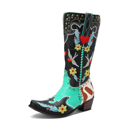 Heidi-Mode | Denim Western Schuhe Damen Leder Stiefel Fantastische Stickerei