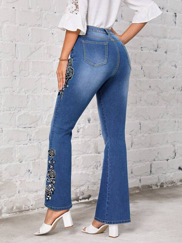Heidi-Mode | Bestickte Jeans mit Weiten Beinen Retro Bluebell Stil