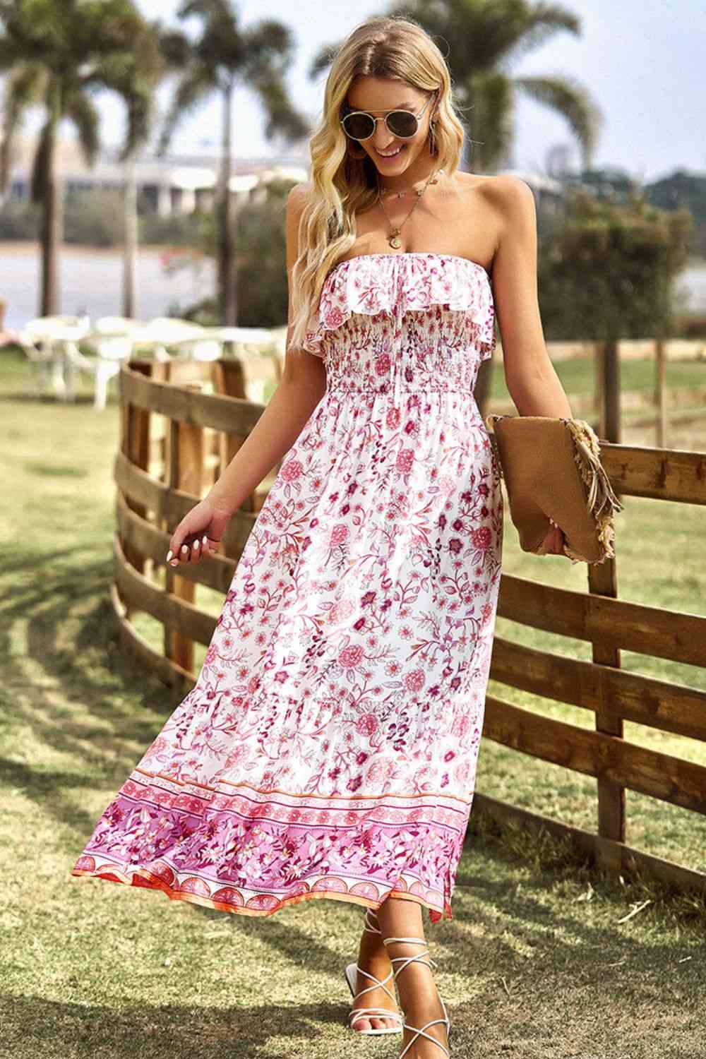 Heidi-Mode | Bohemian Strapless Schlitz Midi Kleid