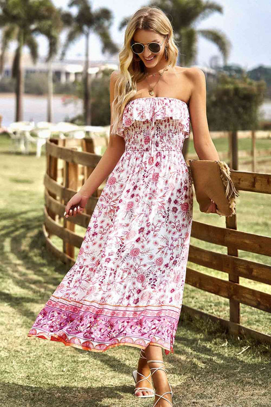 Heidi-Mode | Bohemian Strapless Schlitz Midi Kleid
