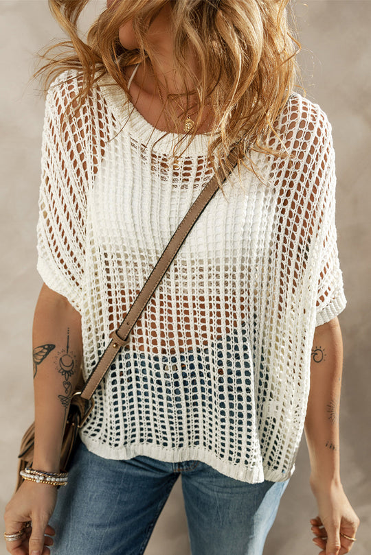 Fishnet Knit Ribbed Runde Hals Kurzarm Pullover Tee