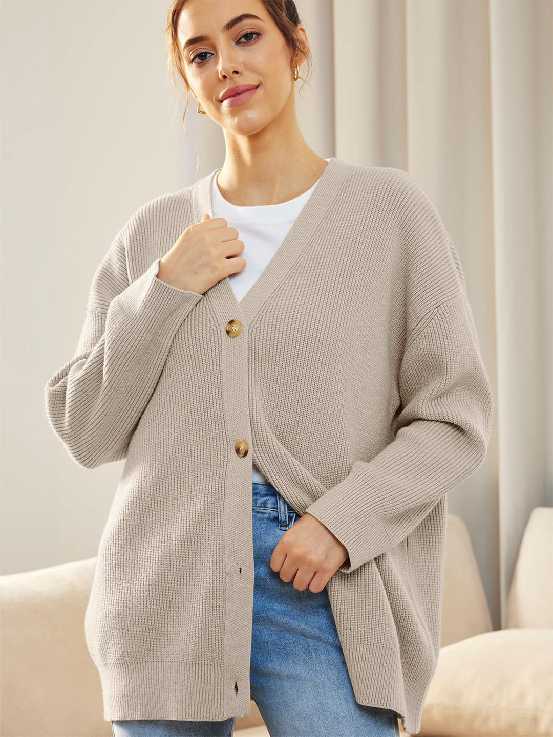 Heidi-Mode | Knopfverschluss V-Ausschnitt Langarm Cardigan