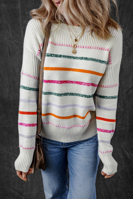 Bunt Gestreifter Pullover Mit Rippstrickmuster