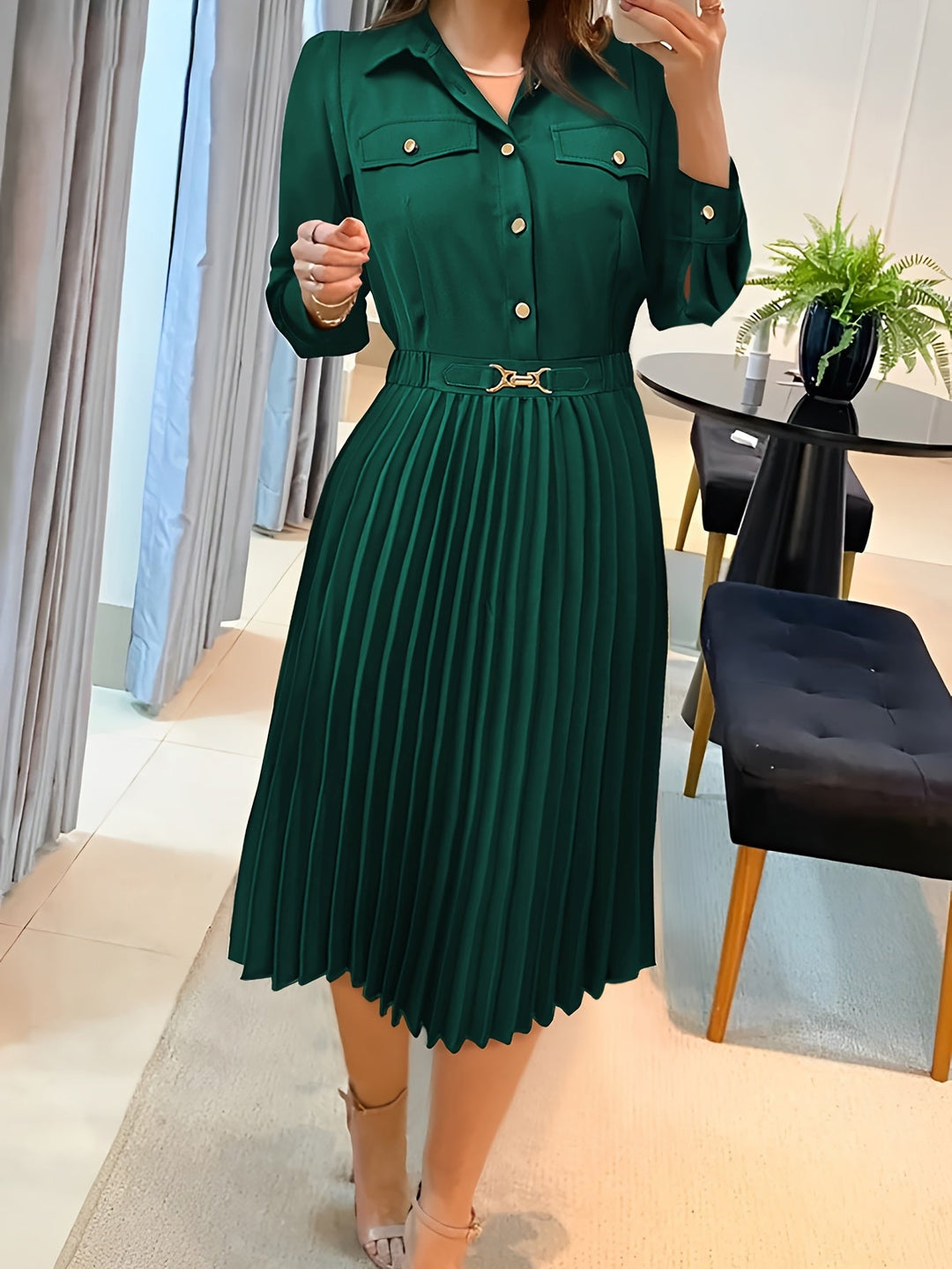 Heidi-Mode | Baumwolle Knopf Front Plissiert Langarm Abendkleid für Frauen