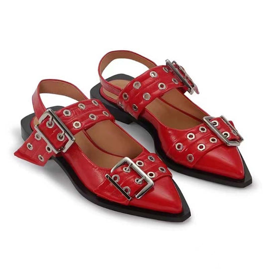 Heidi-Mode | Spitz Zehen Gürtel Schnalle Mules Leder Flach Sandalen