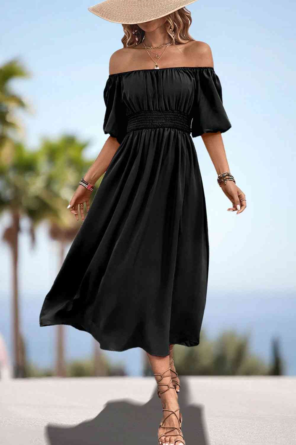 Heidi-Mode | Quadrat-Ausschnitt Geraffte Taille Puffärmeln Midi Kleid