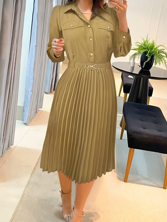 Heidi-Mode | Baumwolle Knopf Front Plissiert Langarm Abendkleid für Frauen