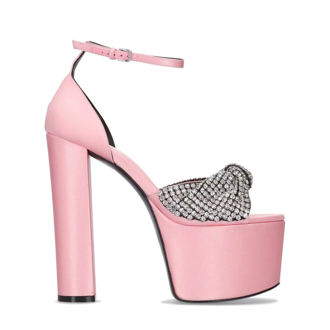 Heidi-Mode | Seiden Hohe Plateau Schuhe Wasserdichte Plateau Strass Peep Toe Hohe Sandalen