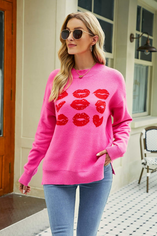 Heidi-Mode | Lip Grafik Schlitz Fallende Schulter Pullover