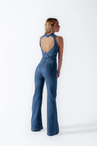 Denim-Overall für Damen, Rückenausschnitt mit herzförmigem Ausschnitt, ärmellos, tailliert, Einteiler