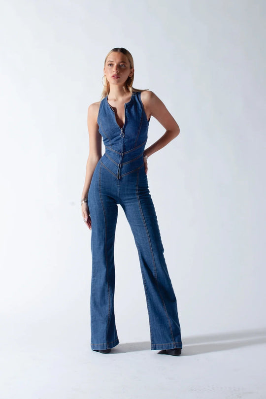 Denim-Overall für Damen, Rückenausschnitt mit herzförmigem Ausschnitt, ärmellos, tailliert, Einteiler