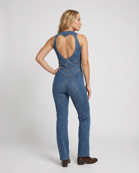 Denim-Overall für Damen, Rückenausschnitt mit herzförmigem Ausschnitt, ärmellos, tailliert, Einteiler