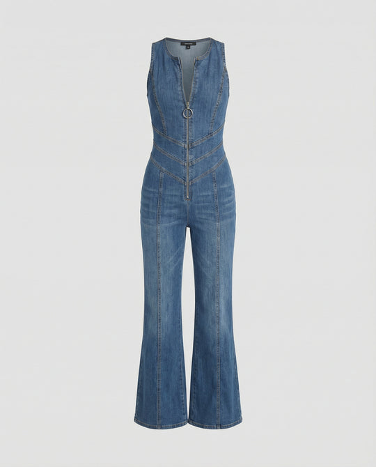 Denim-Overall für Damen, Rückenausschnitt mit herzförmigem Ausschnitt, ärmellos, tailliert, Einteiler